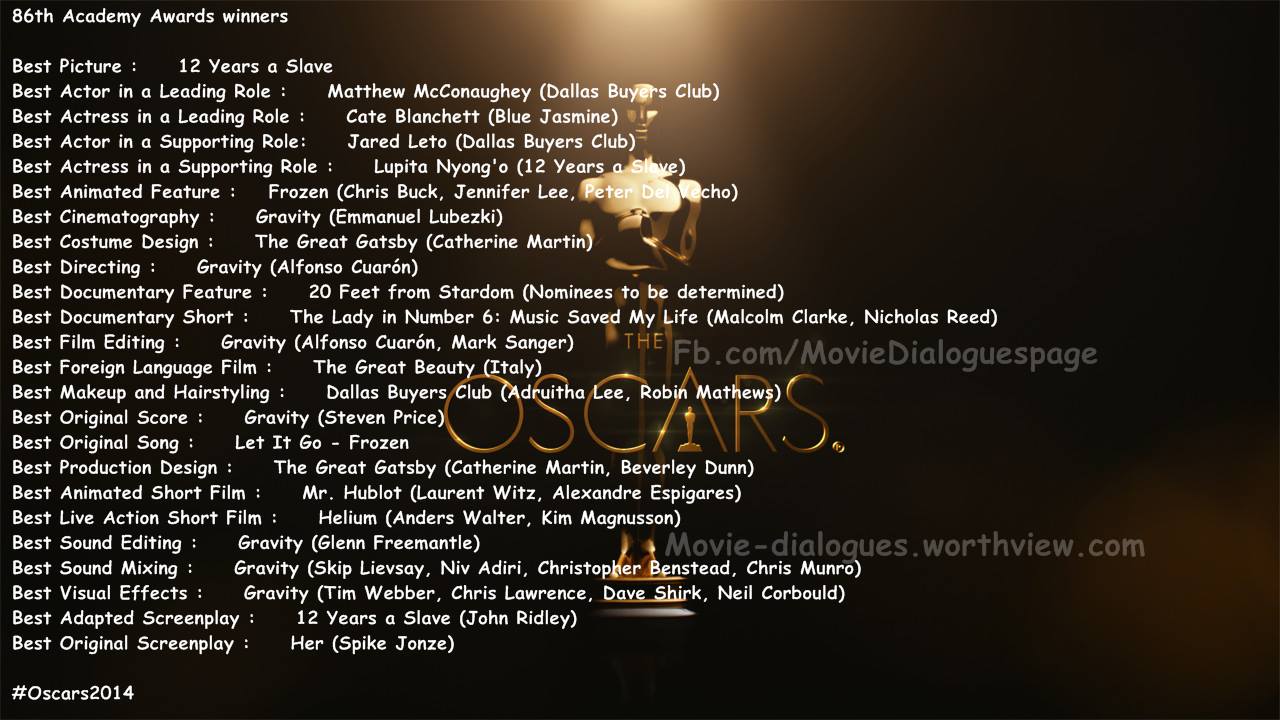 Oscars 2014: Complete List of Academy Award Winners - Movie Dialogues